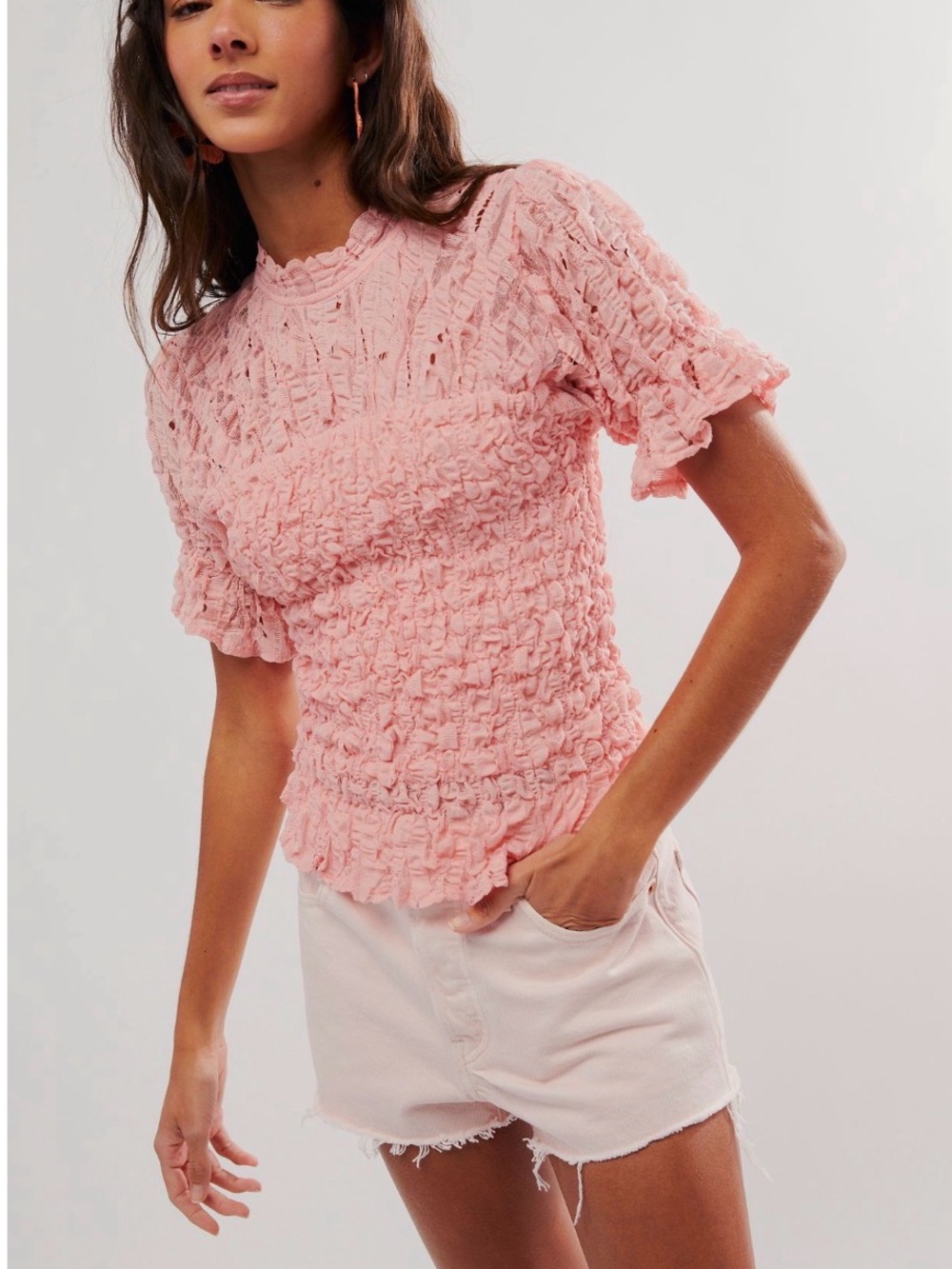 Free Pepple Women’s Pink Ruffle Textured Short Sleeve Top